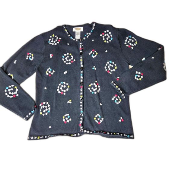 Talbots Petites Floral Cardigan Sweater Black Multicolor Knit Button Front Small - Picture 5 of 8